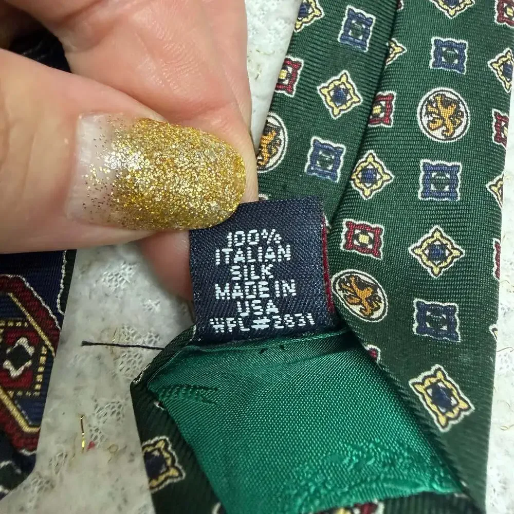 Tommy Hilfiger Men's Blue Gold Green Geometric Pattern Silk Necktie Classic Leng
